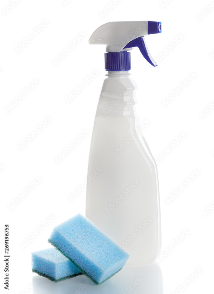 Detergents for home. Cleaning products. White blank plastic spray detergent bottle isolated on white background. Detergents for home. Cleaning products. White blank plastic spray detergent bottle isolated on white background.
