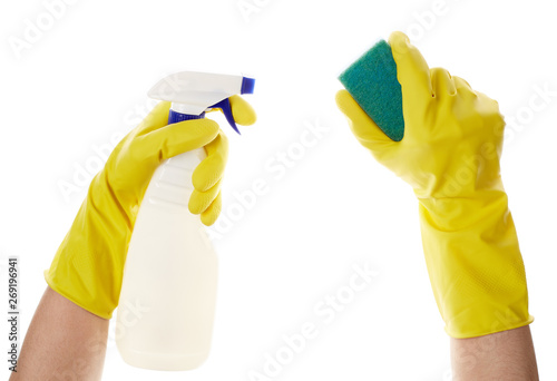 Detergents for home. Cleaning products. White blank plastic spray detergent bottle isolated on white background.