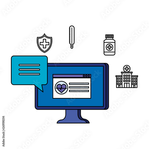 desktop with heart cardio and telemedicine icons