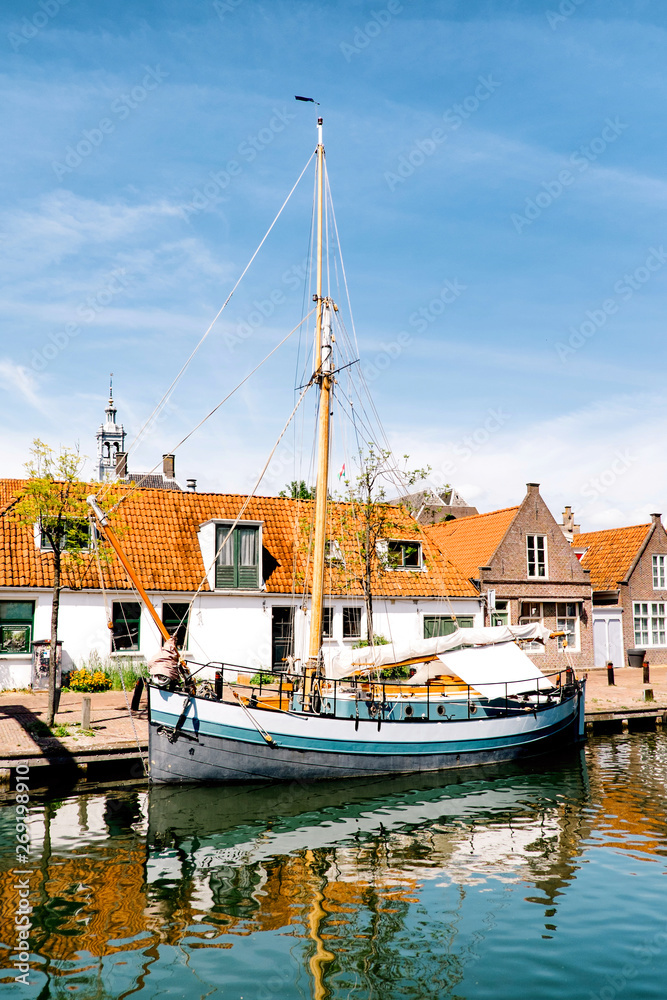 Moored sailboat on an Edem canal, the Netherlands