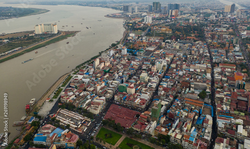 Landscape Phnompenh capital of Kingdom of Cambodia , take shot by drone on sunset