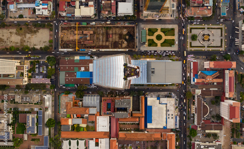 Landscape Phnompenh capital of Kingdom of Cambodia , take shot by drone on sunset