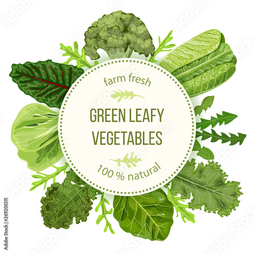 Green leafy vegetables, Round label, text, copt space. farm fresh Spinach, Dandelion, broccoli, Romaine Lettuce, kale, Collard.