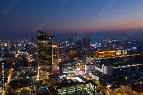 Landscape Phnompenh city from drone on the night