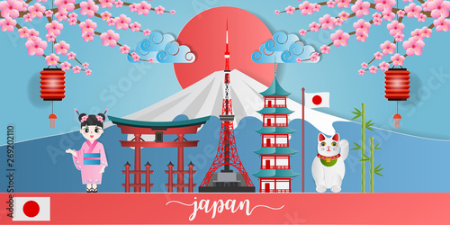 Japan landmark travel banner with girl in kimono dress, maneki neko, cherry blossom, bamboo and fuji mountain. Paper art style of tokyo culture symbols. Vector illustration