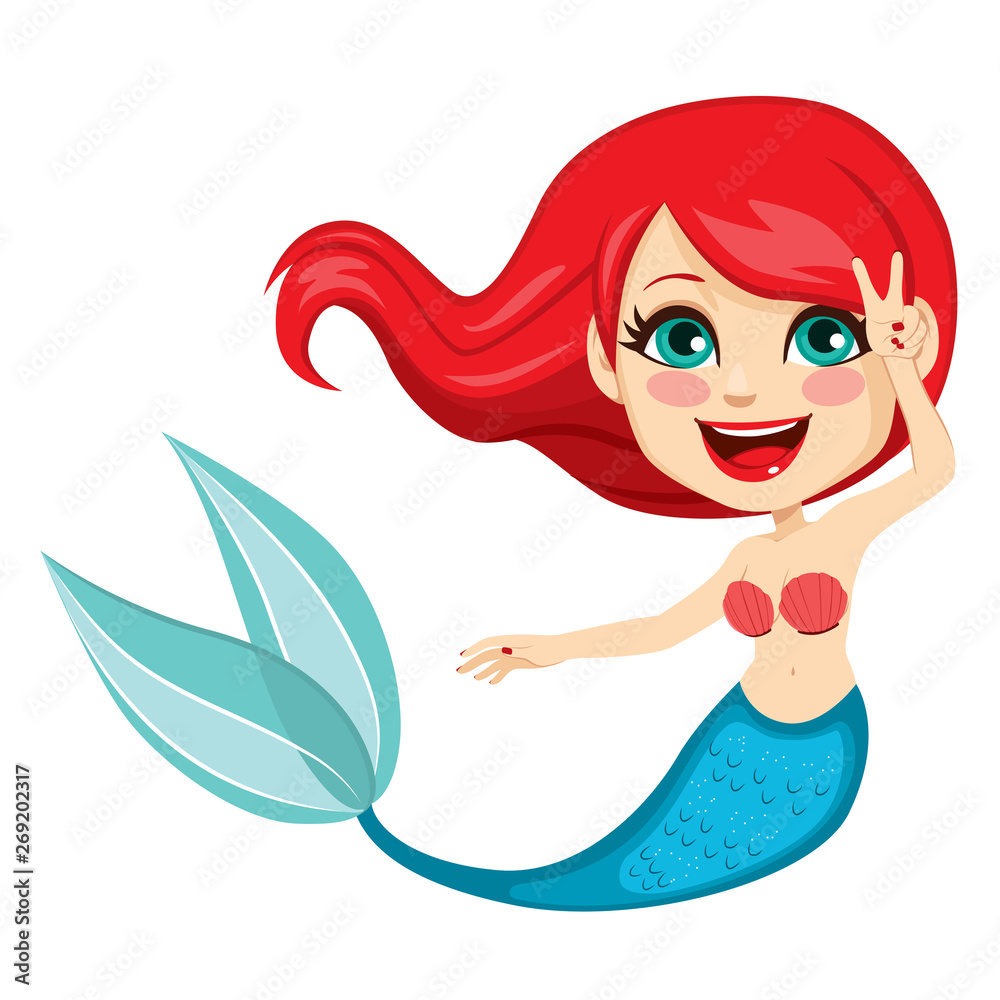 Illustration of red hair mermaid cartoon character with green fish tail  Stock Vector | Adobe Stock