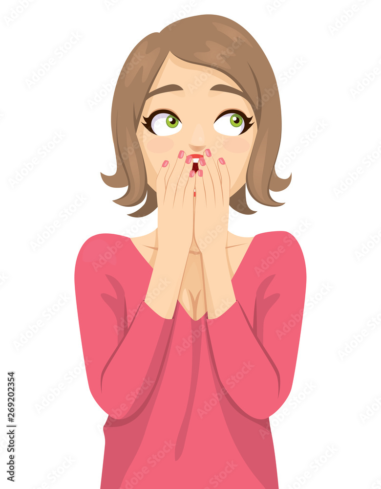 Forgetful woman looking up to the side thinking trying to remember something covering open mouth with hands Forgetful woman looking up to the side thinking trying to remember something covering open mouth with hands