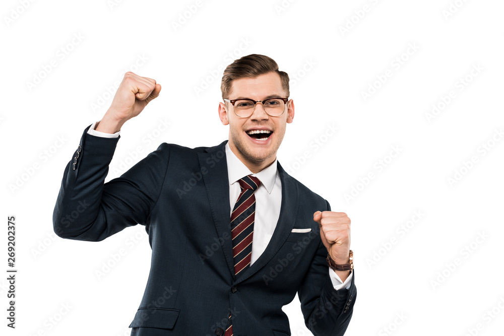 happy businessman in glasses celebrating triumph isolated on white happy businessman in glasses celebrating triumph isolated on white