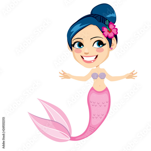 Beautiful pink tropical flower mermaid with shell isolated on white background