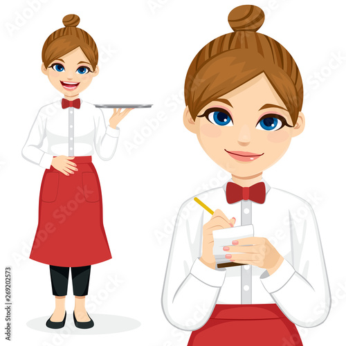 Young female waitress working holding tray and taking notes closeup