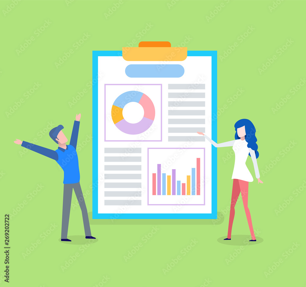 Woman showing diagrams on board, man with hands up, portrait view. Person near paper with colorful presentation of marketing, project and strategy vector
