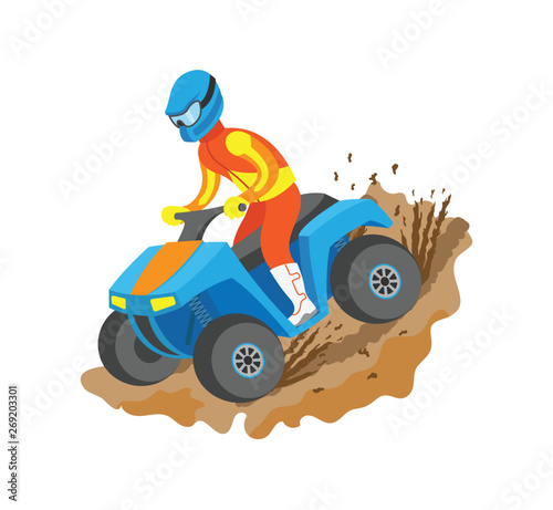 Extreme sport quad biking, man in bright suit and helmet standing on bike, championship or rally, flat view of person on atv driving by mud vector