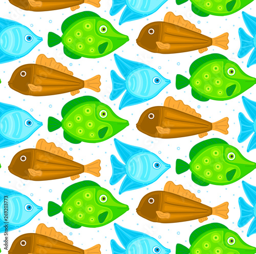 Vector seamless pattern with colorful abstract fish. Undersea world. Aquarium. Wrapping paper, package, wallpaper, poster, clothing and other textile in a pet store, fishing gear shop or aquapark