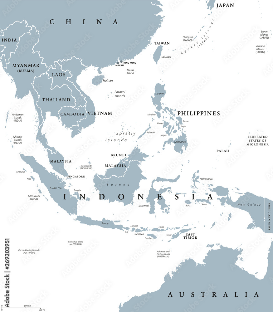 Plakat Southeast Asia Political Map With Borders Subregion Of Asia With Countries South Of