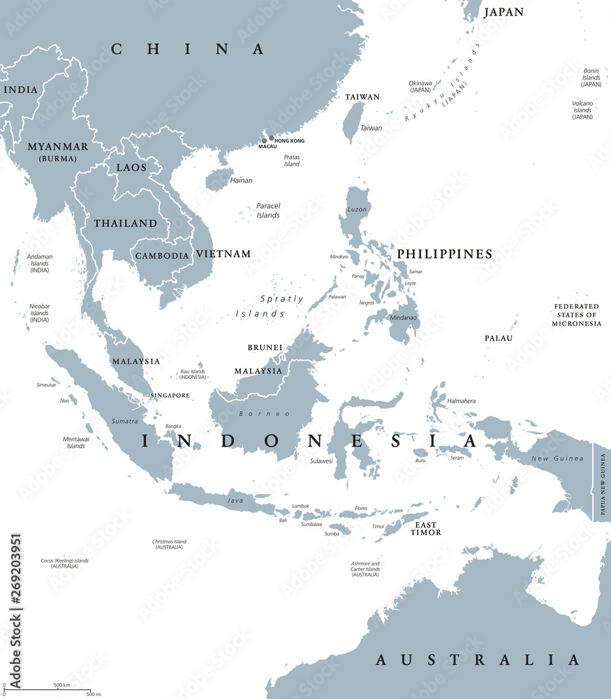 plakat-southeast-asia-political-map-with-borders-subregion-of-asia