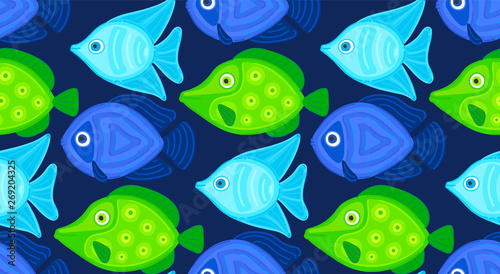 Vector seamless pattern with colorful abstract fish. Undersea world. Aquarium. Wrapping paper, package, wallpaper, poster, clothing and other textile in a pet store, fishing gear shop or aquapark