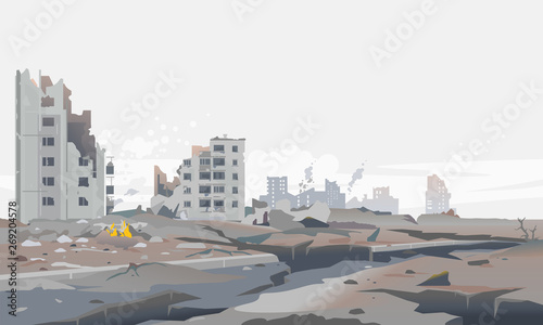 Fotografiet Destroyed city concept landscape background illustration, building between the r