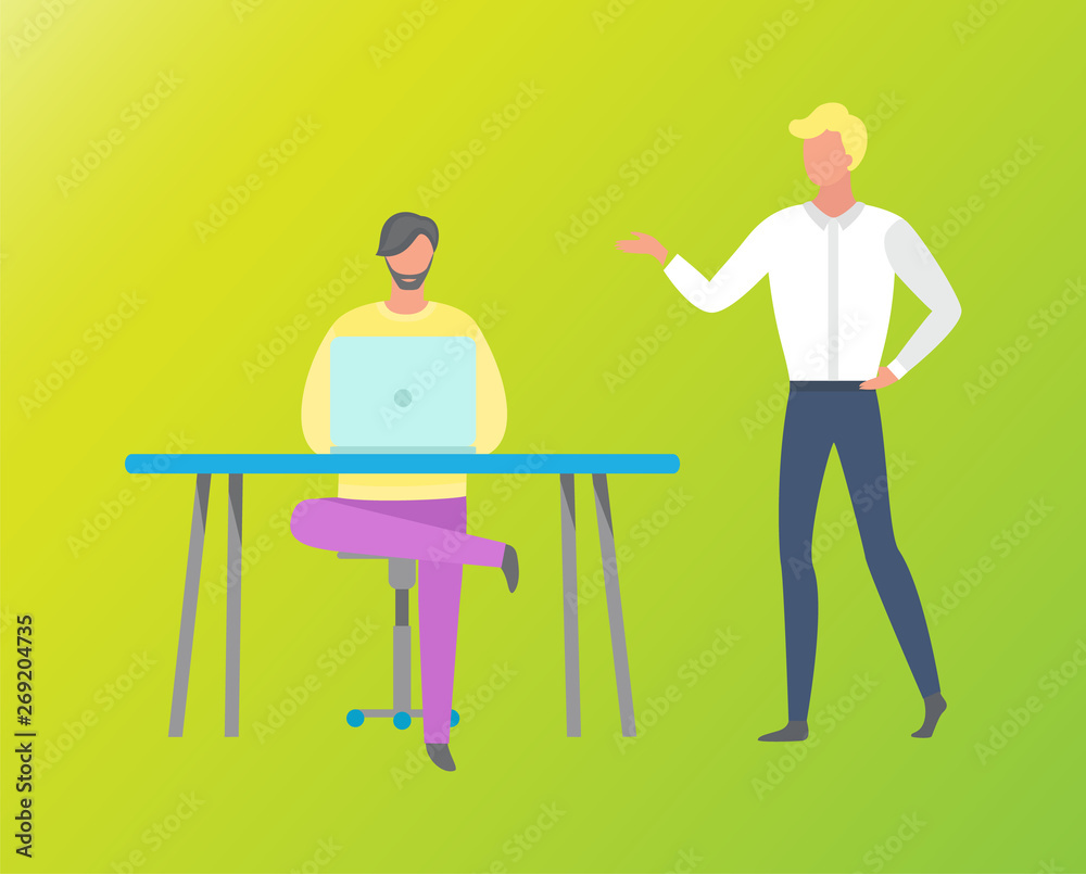 Worker sitting at table and working with laptop flat style. Portrait view of standing man with hand up. Teamwork business solutions, wireless gadget vector