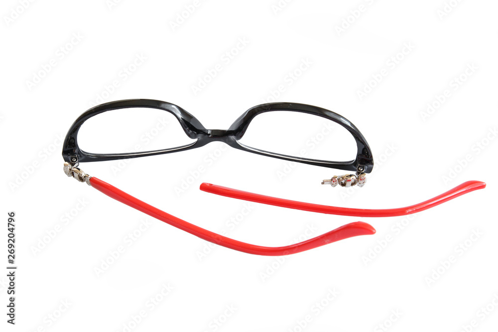 Broken glasses on white background. The concept of optics repair, vision impairment. Vision restoration. Broken glasses on white background. The concept of optics repair, vision impairment. Vision restoration.