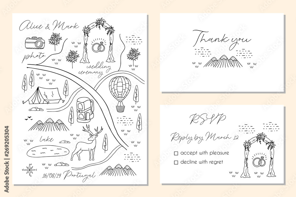 Set of wedding invitation cards with map