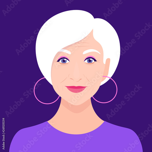 Portrait of an old woman. Avatar fashionable pensioner. Happy old age. Vector flat illustration