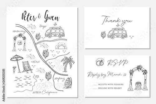 Set of wedding invitation cards with map