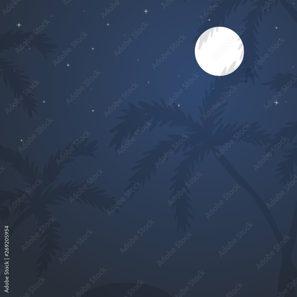 Naklejka Exotic tropical landscape with moon night sky, palm trees