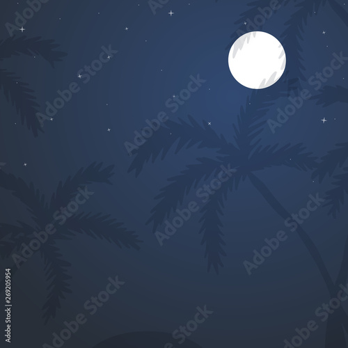 Exotic tropical landscape with moon night sky, palm trees