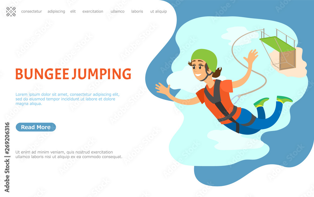 Bungee jumping vector, adrenaline dangerous hobby extreme sports, woman with smile on face falling down. Bridge and rope holding person. Website or webpage template, landing page flat style