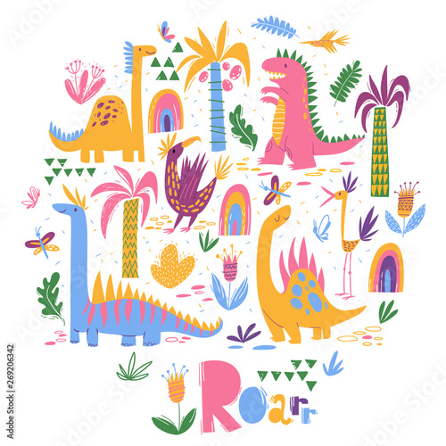 Vector design with cute dinosaurs in cute modern style 