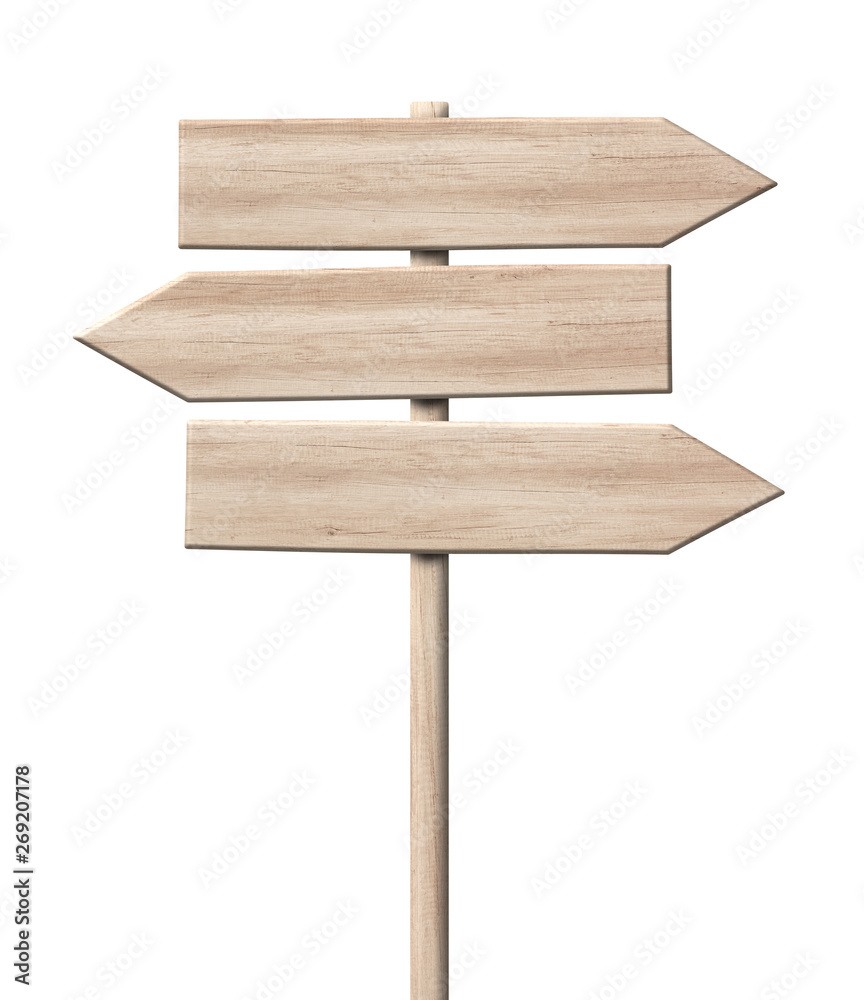 Simple wooden tripple direction arrow signpost roadsign made of light wood with single pole - obrazy, fototapety, plakaty 