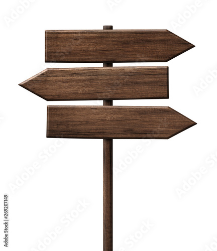 Simple wooden tripple direction arrow signpost roadsign made of dark wood with single pole