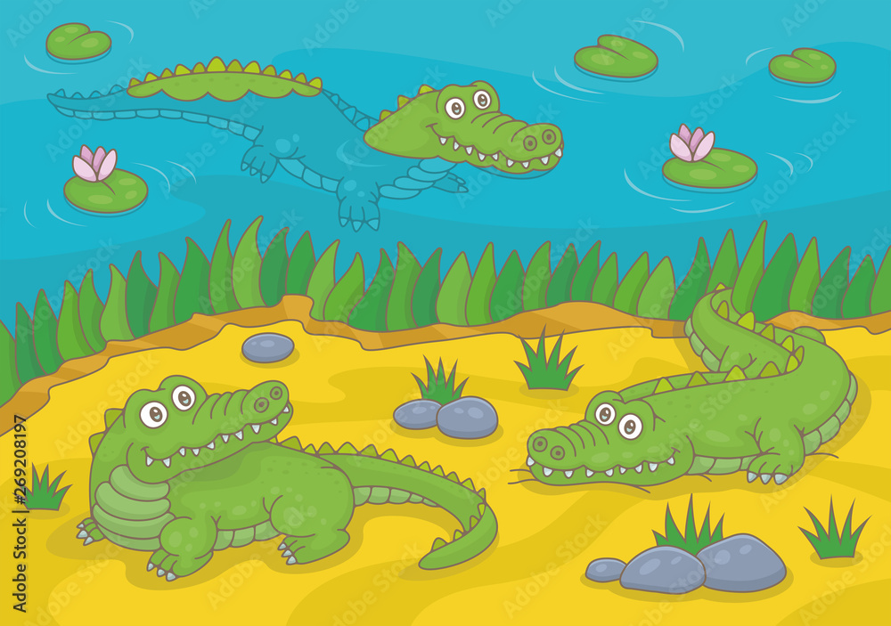 Naklejka premium Three green crocodiles in the nature. Funny cartoon and vector illustration