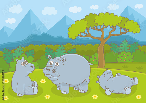 Mother and baby hippo. Funny cartoon and vector illustration