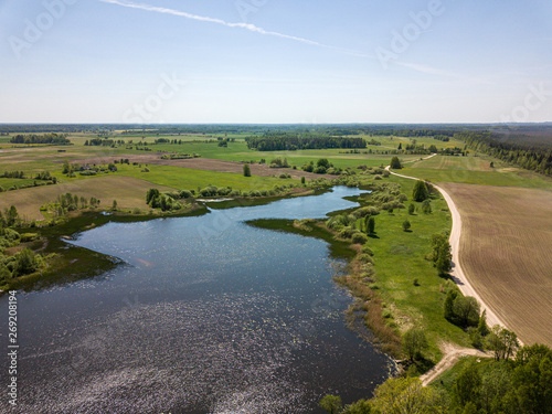 aerial view of countryside fields and lakes in green summer day
