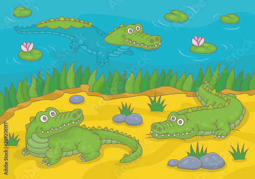 Three green crocodiles in the nature. Funny cartoon and vector illustration © volyk