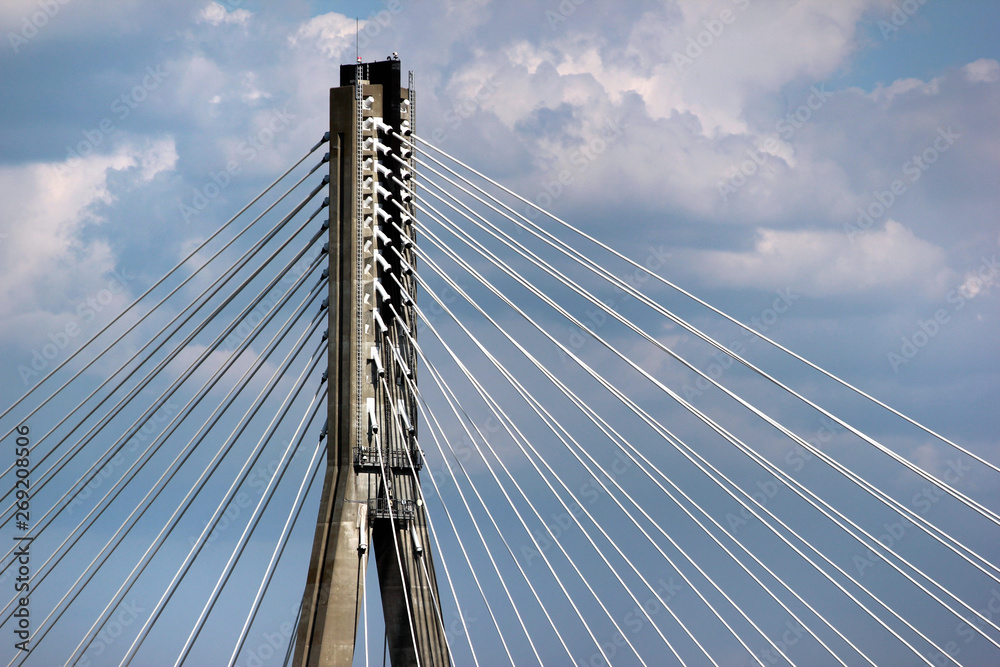 Steel ropes of cable-stayed Swietokrzyski Bridge in Warsaw, Poland Steel ropes of cable-stayed Swietokrzyski Bridge in Warsaw, Poland