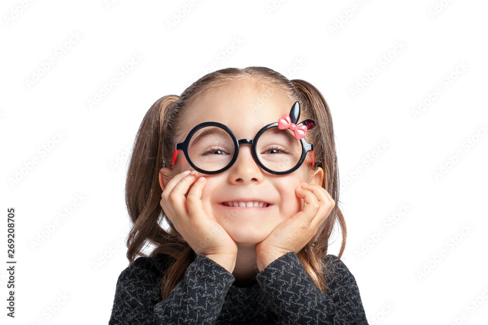 beautiful cute little girl smiling and looking at camera on white background beautiful cute little girl smiling and looking at camera on white background