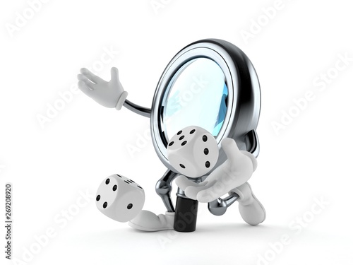 Magnifying glass character throwing dice