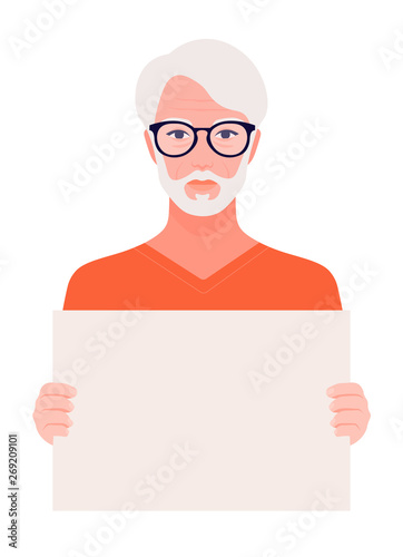 Asian man holding a blank banner. Elderly businessman. Protests and demonstrations. Vector flat illustration