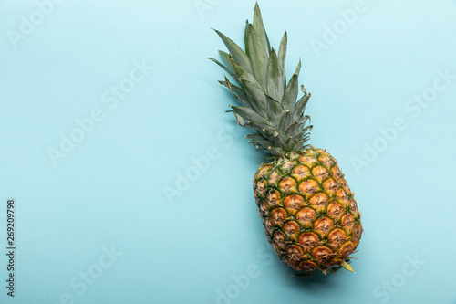 top view of whole ripe tropical pineapple on blue background with copy space