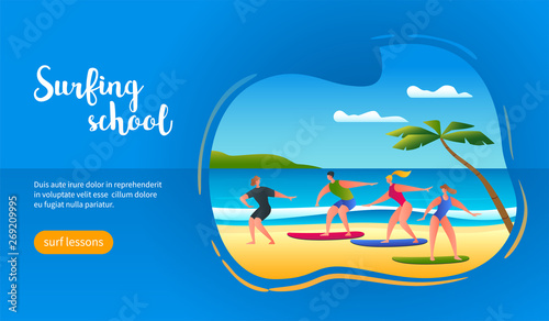 Surf school at the beach. Young people are training on the beach. Vector flat illustration