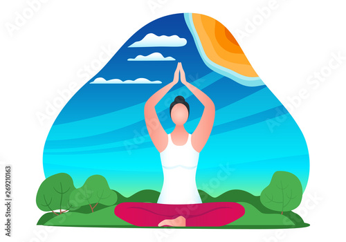 Young woman doing yoga in nature. Wonderful day for yoga. Modern vector illustration