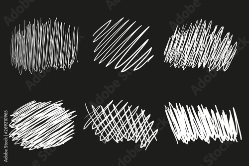 Hand drawn abstract shapes on black. Grungy backgrounds with array of lines. Stroke chaotic patterns. Black and white illustration. Sketchy elements for design