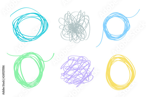 Set of colored tangled shapes on white. Chaos patterns. Scribble sketches. Abstract backgrounds with array of lines. Line art creation