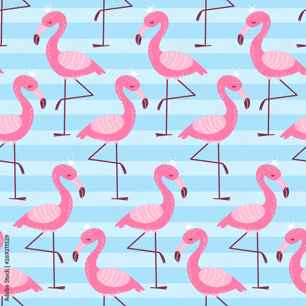 Fototapeta premium Seamless pattern with cartoon pink flamingo on blue