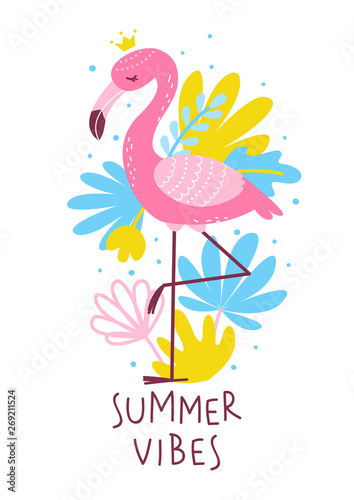 Pink flamingo with color tropical leaves - summer greeting card