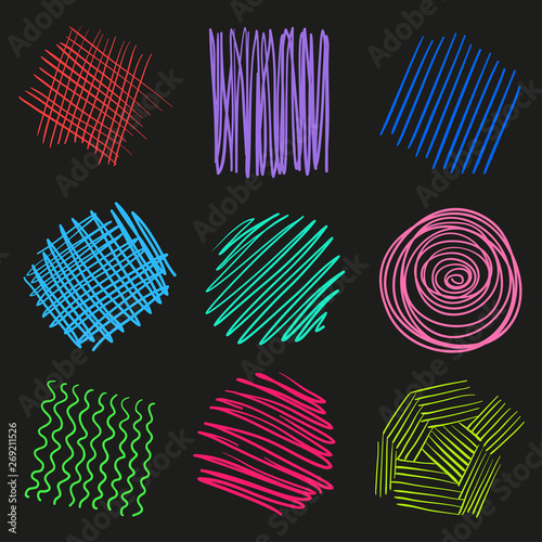 Array of lines on isolated black background. Abstract chaotic frames. Wavy backdrops. Hand drawn tangled patterns. Elements for design