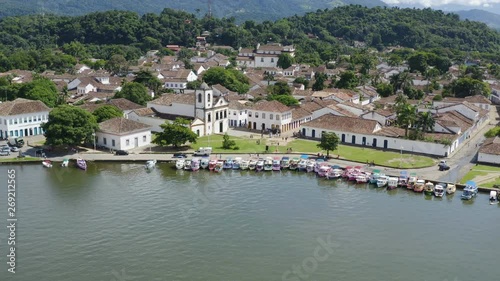 Beautiful aerial establishing shot of the coastal town of Paraty in Brazil. Orbital drone shot. photo