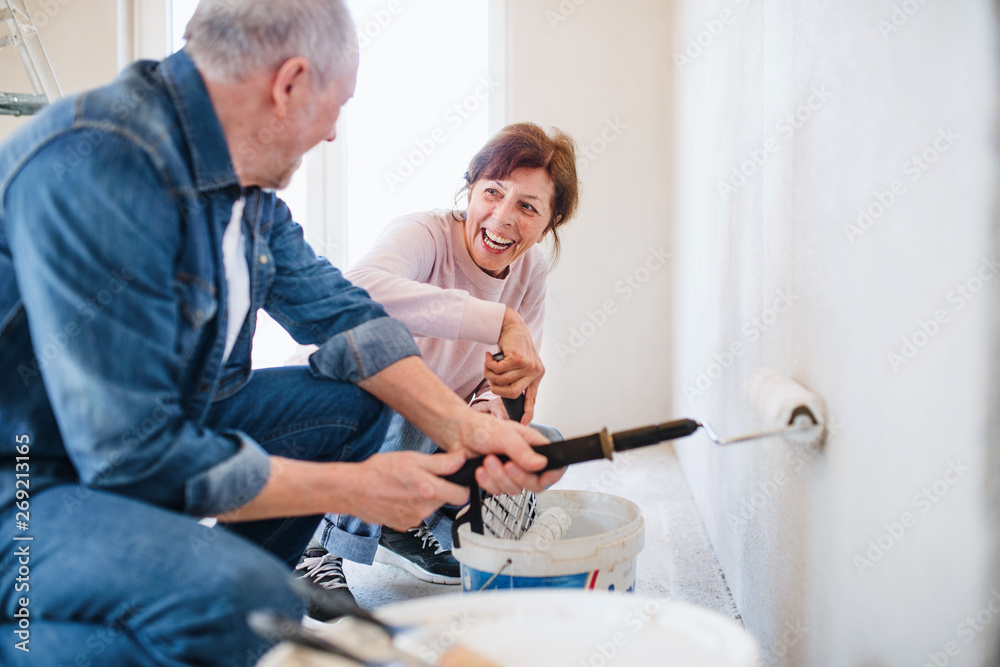 Fototapeta premium Senior couple painting walls in new home, relocation concept.